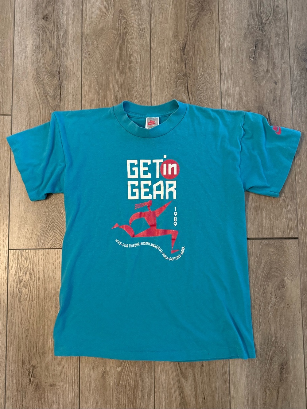 Vtg 80s Nike USA Get In Gear Running Race Minneapolis MN Blue T Shirt Marathon